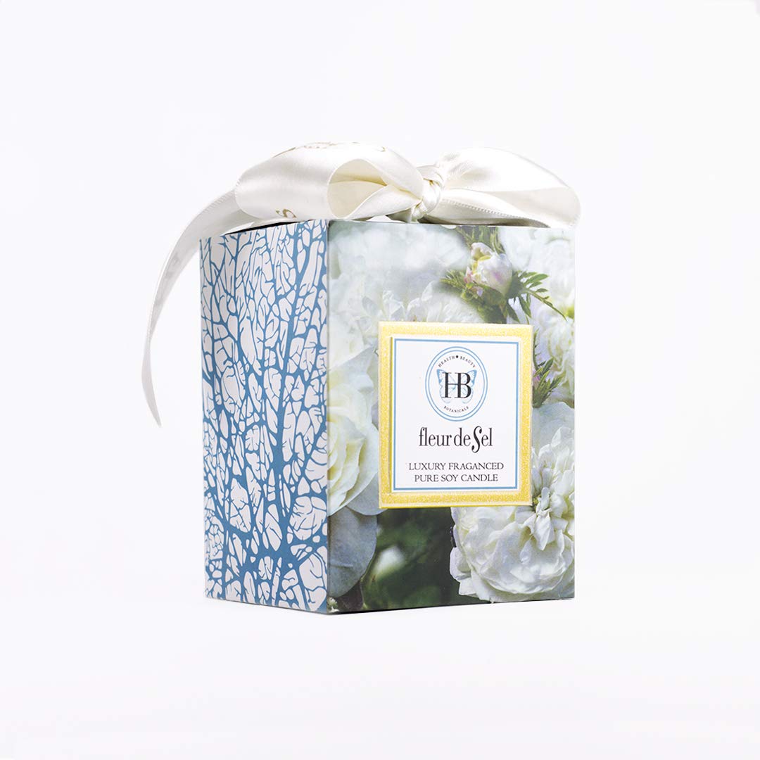 HB HEALTH BEAUTY BOTANICALS/Fleur de Sel Fragrance/7.5 Oz/Luxury Scented Soy Candles/Frosted Gold Glass Jar /Hand Poured/Highly Scented/Clean Burn/Gold Embossed Gift Box/Cotton Wick/Satin Bow