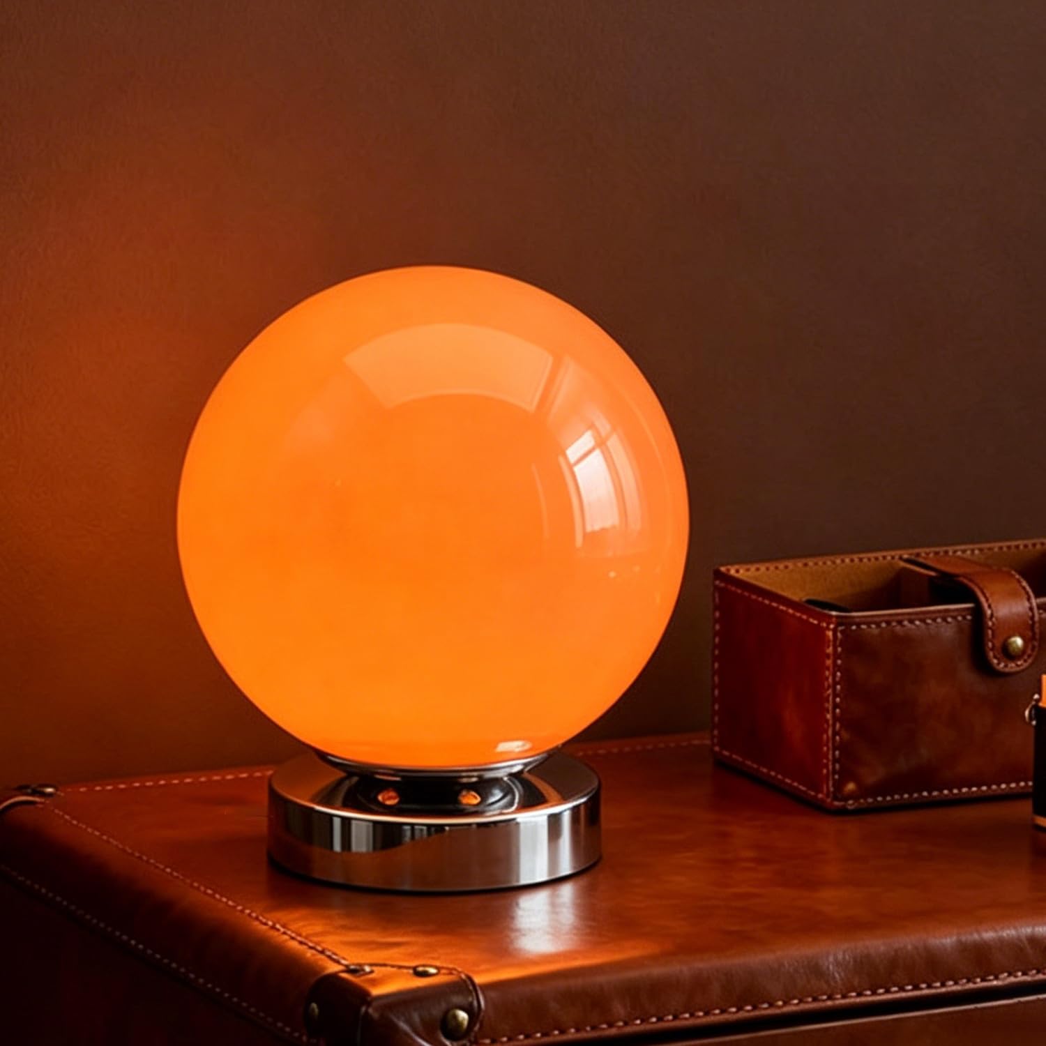 OOWOKS Glaskugel Tischlampe Kabellos Touch Steuerung USB Aufladbar 3 Farbtemperaturen dimmbare LED Nachttischlampe mit Akku Metall Sockel Kugel Deko Tischleuchte für Schlafzimmer Kinderzimmer,Orange