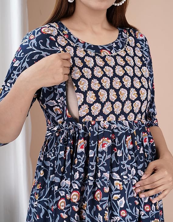 Image of Maternity Feeding Anarkali Kurti Dress for Women | Cotton Nursing Kurta with Both Side Zippers | Pregnancy & Nursing Wear | Comfortable Ethnic