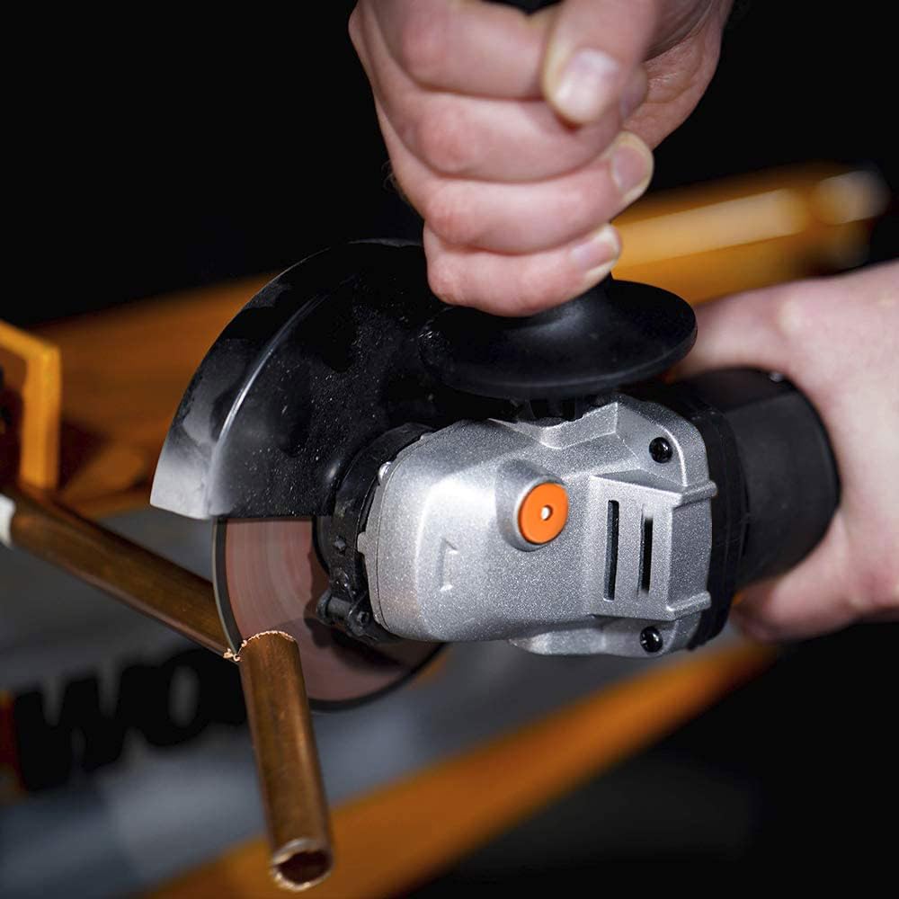 WORX Amoladora angular WX718 de 900 W. Amoladora compacta con mango ajustable y mango adicional sin vibraciones para lijar y cortar. Diámetro del disco de 125 mm. Velocidad de ralentí 12000/m