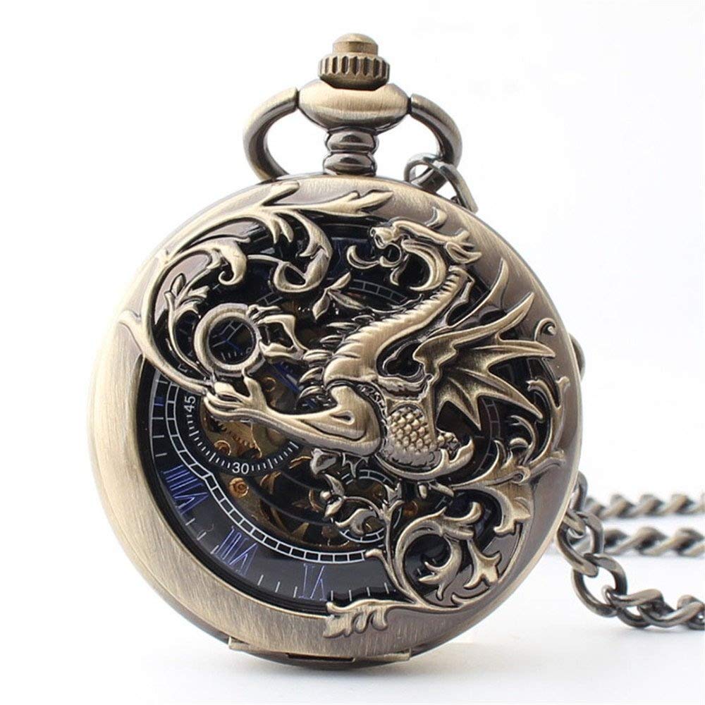 Montre de poche mécanique antique, dragon porte-bonheur et phénix, cadran squelette noir, chiffres romains avec chaîne
