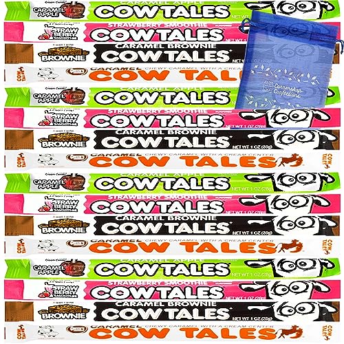 Cow Tales Lover’s 4 Flavor Variety 16 Pack – 4 Large Pieces of 4 Different Flavors – Strawberry Smoothie, Caramel Apple, Caramel Brownie, Original Caramel – With Fun Cornershop Confections Gift Bag