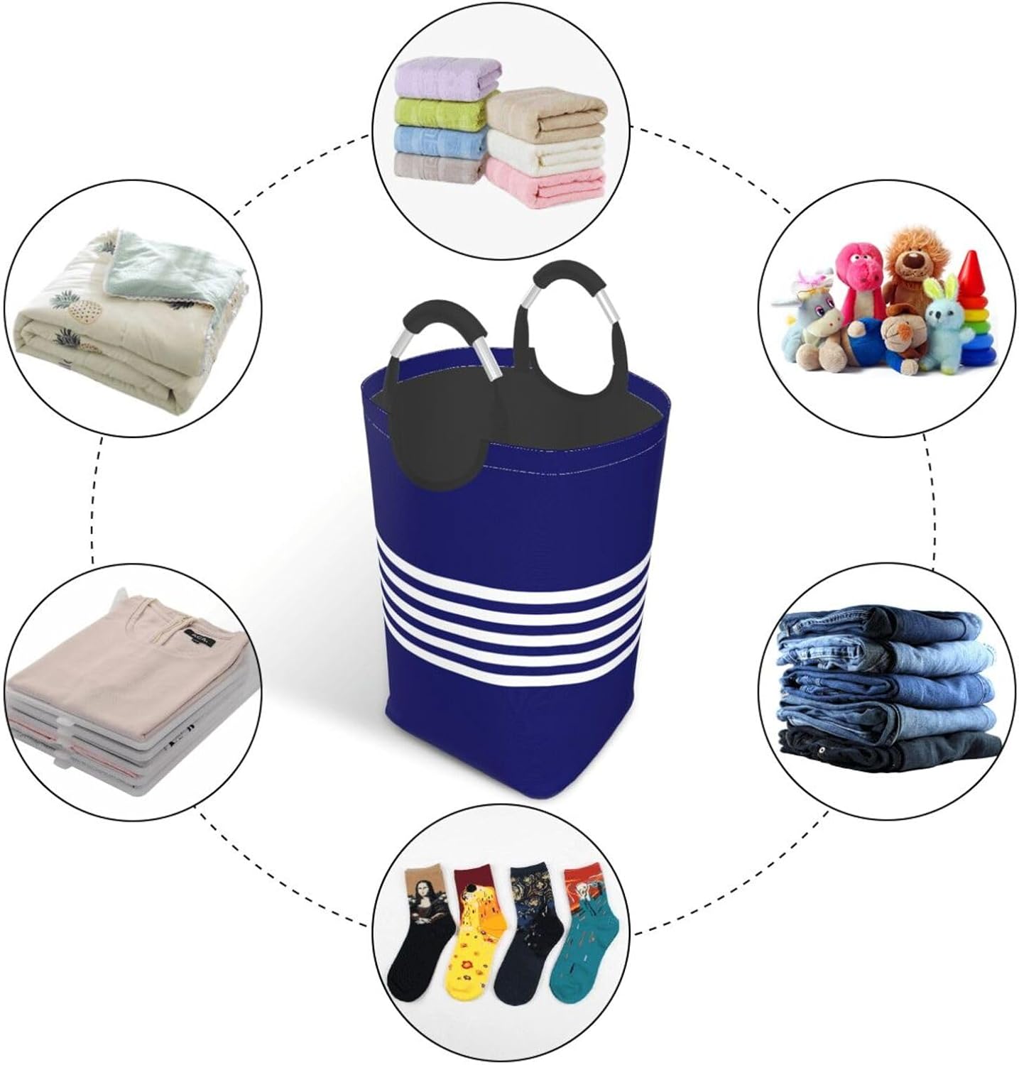 Large Laundry Basket, Blue and White Stripes on Navy Blue Laundry Hamper Bag Collapsible Washing Bin With Handles for College Dorm, Family Essentials Storage