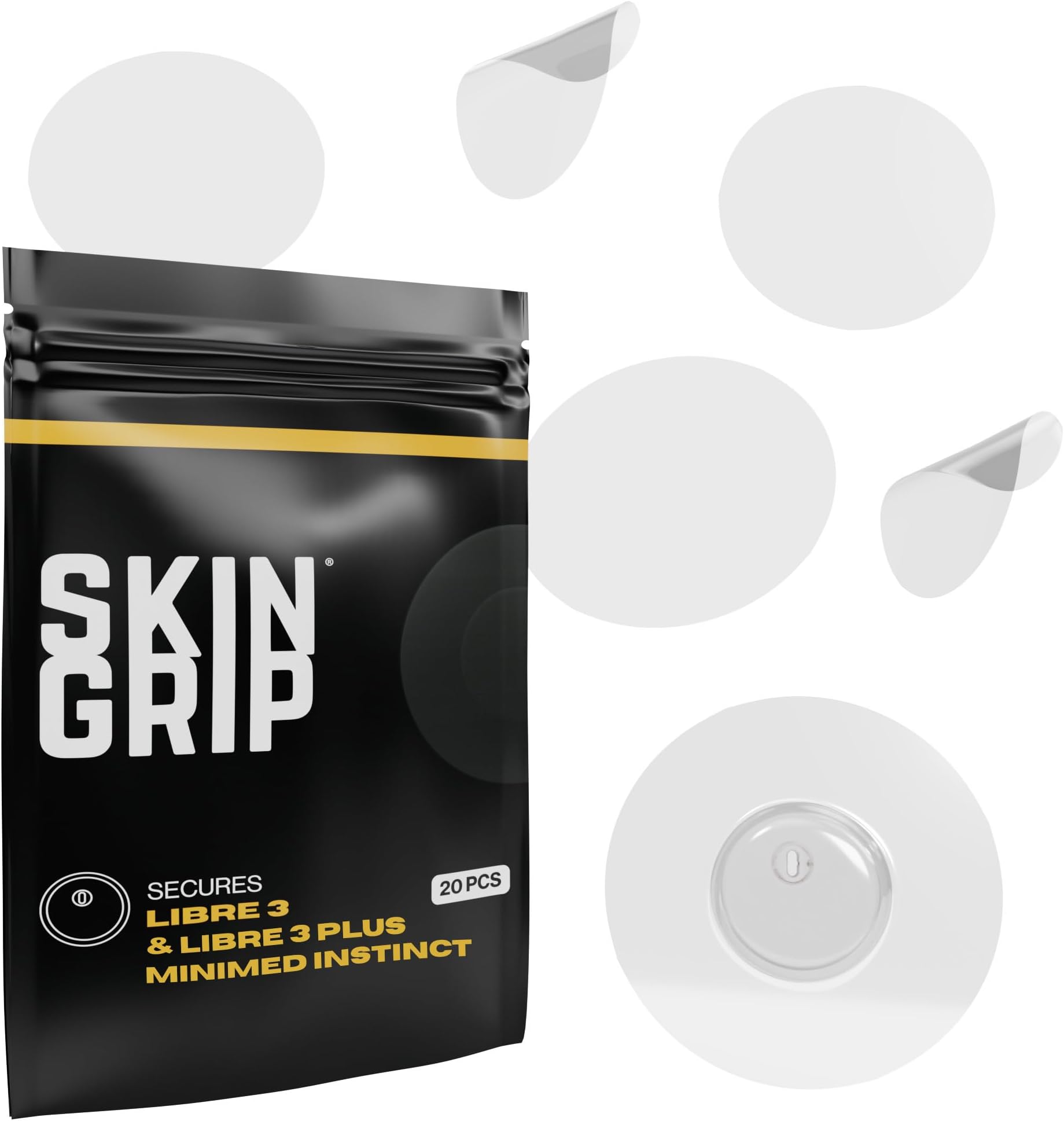 Skin Grip CGM Patches for Freestyle Libre 3 (20-Pack), Waterproof & Sweatproof for 10-14 Days, Pre-Cut Adhesive Tape, Continuous Glucose Monitor Protection (Clear)