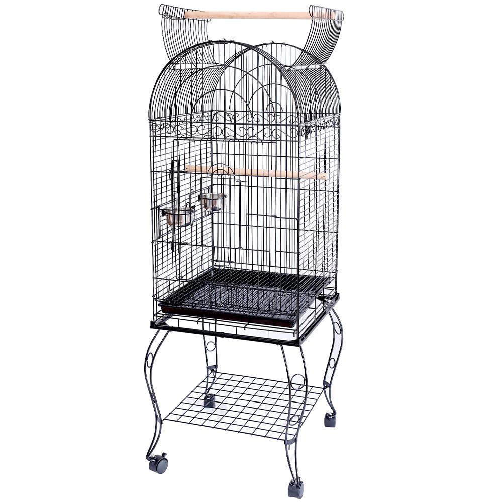 BAKAJI Gabbia Voliera per Uccelli, Pappagalli Inseparabili, Parrocchetti, Volatili con Carrello e Tetto Apribile in Metallo e Legno Nero Gabbietta con Posatoi e Ruote con Blocco, 59 x 59 x 150 cm