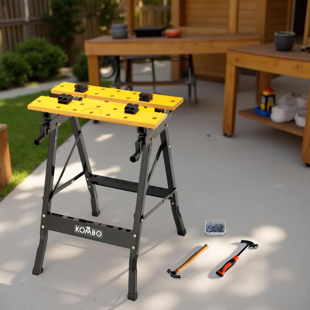 Banco da Lavoro Pieghevole e Morsa Portata 100Kg 61 X 56 X 79h CM - Salvaspazio, Pratico, Richiudibile, Regolabile, Cavaletti da Lavoro, Segare, Magazzino, Garage - Metallo