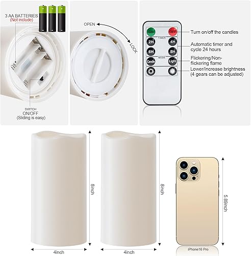 Miniatura 6 de Amagic Paquete de 2 velas eléctricas de plástico sin llama de 8 x 4 pulgadas para exteriores con control remoto y temporizador, velas falsas de