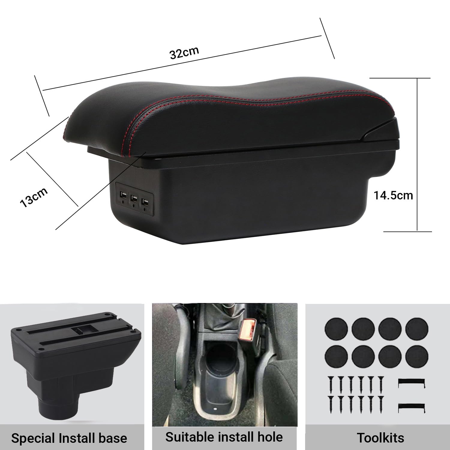 YJYWZH Coche Apoyabrazos para Opel Corsa D 2006-2014 Doble Capa Caja de Almacenamiento de Consola Central con 3 Puertos de Carga USB Negro con Costura roja