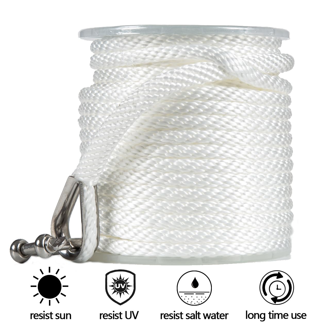 100 ft x 3/8 inch Anchor Rope, Braided Anchor Line Premium Solid Braid MFP Boat Rope with Stainless Steel Thimble & Shackle, Marine Rope, Boat Accessories-White
