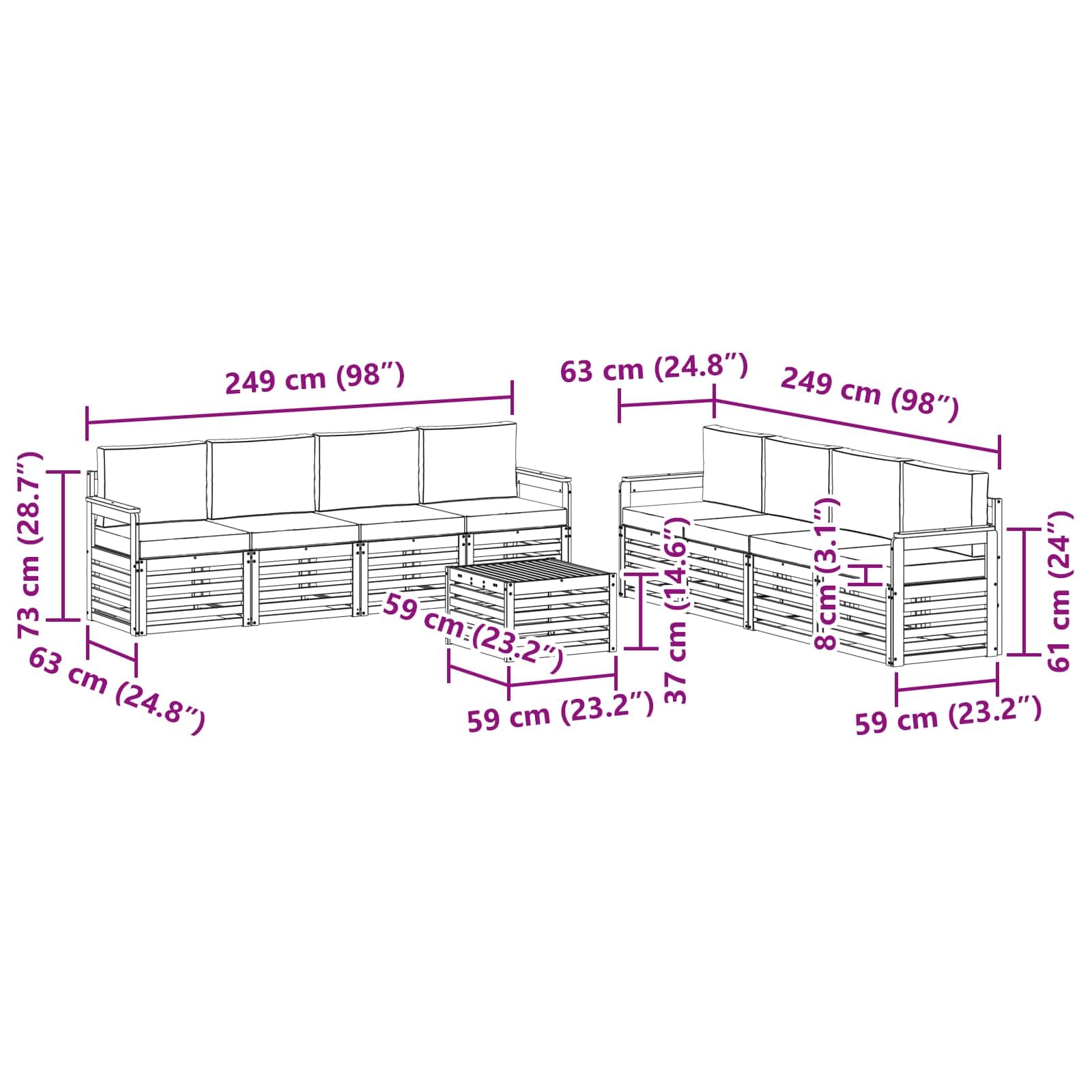 Outdoor-Garnitur 9-teilig aus massivem Akazienholz für Garten Terrasse Balkon wetterfestes Sitzgruppen-Set mit Tisch, Sofas, Sesseln, Kissen, Natur und anthrazit