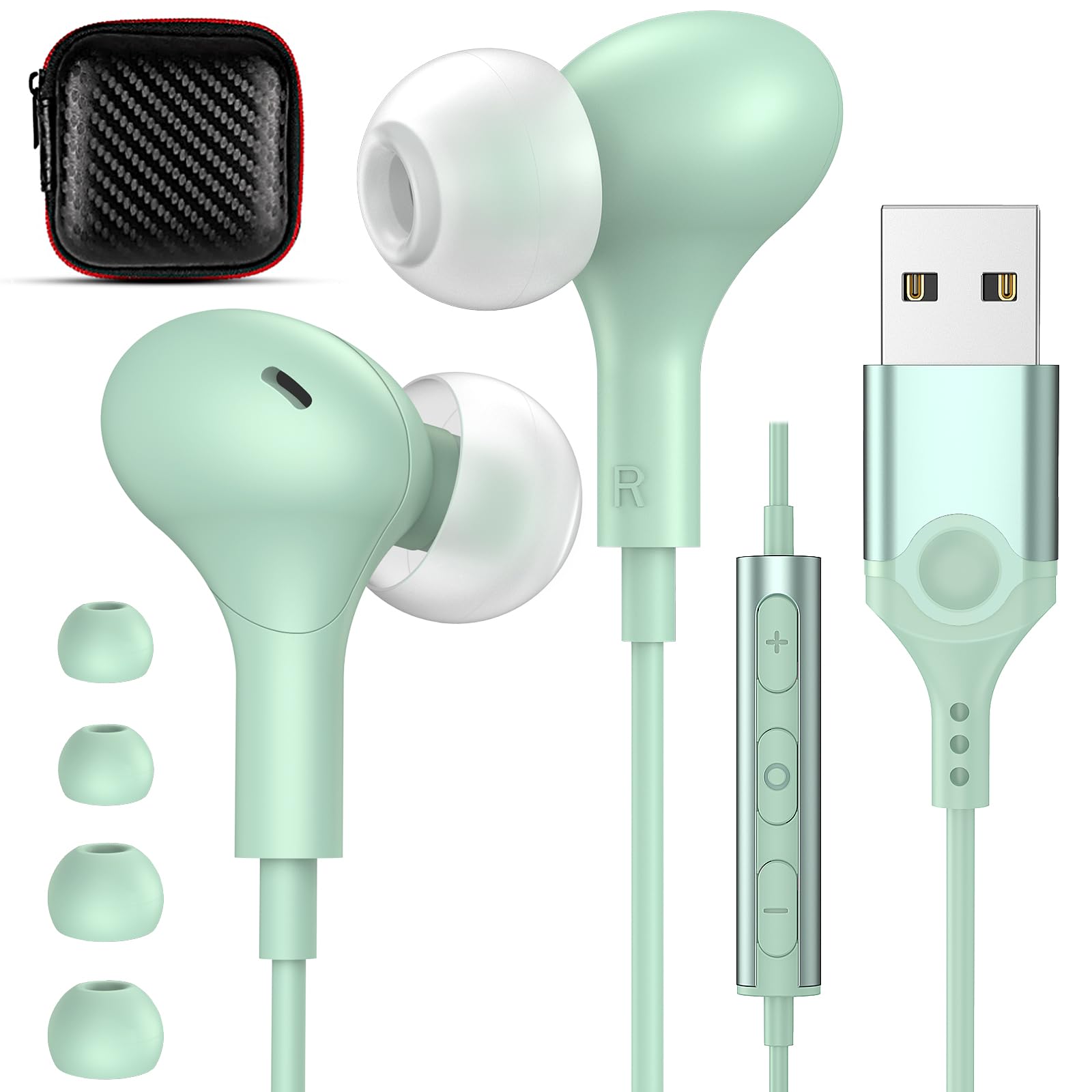 USB Headphones with Microphone for Laptop, 7.5ft Magnetic Wired Earbuds Noise Canceling in-Ear Earphones with Mute Volume Control Stereo Bass for PC Desktop Dell HP Acer Laptop Meetings,Teens,Green