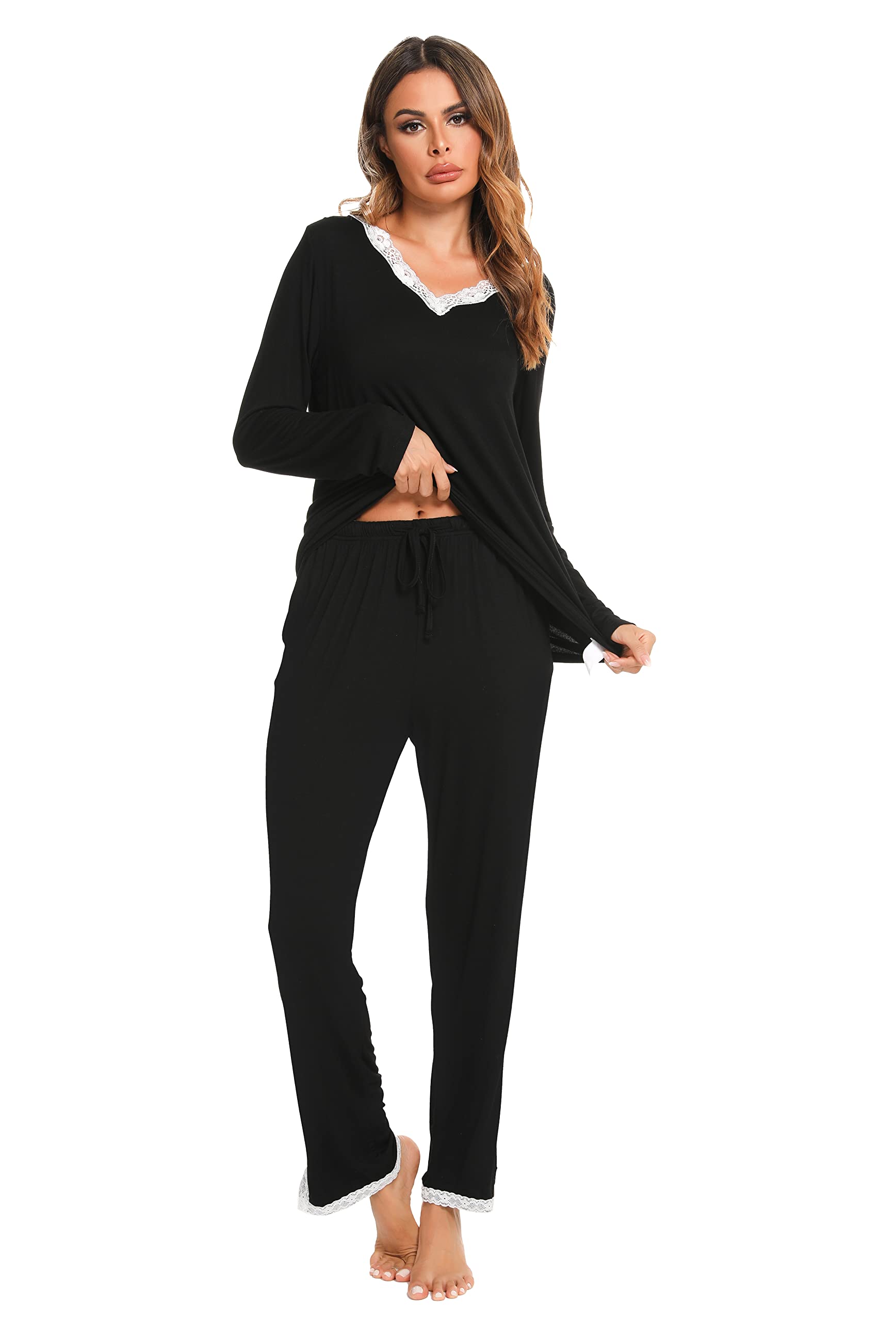 Lovasy Pigiama Donna Manica Lunga Pantaloni Lunghi Casual Scollo a V Top con Motivo a Pois Carino con Tasca Due Pezzi