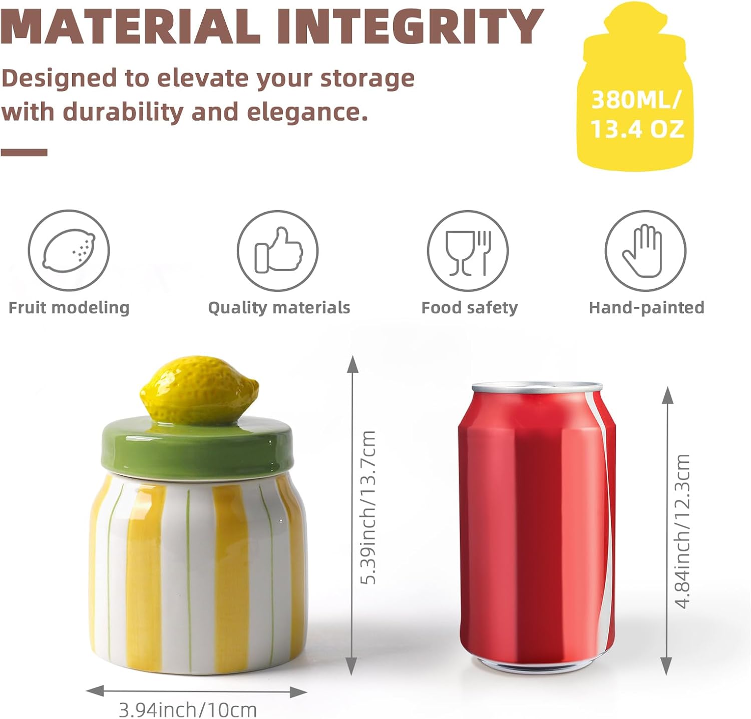 DIF DECO Candy Jars with Lid Airtight, Hand Painted Lemon Ceramic Food Storage Containers with Lids for Home Decor and Kitchen Countertops, For Coffee, Spices, Sugar, Tea, Salt, Honey, Candy, Nut image 2