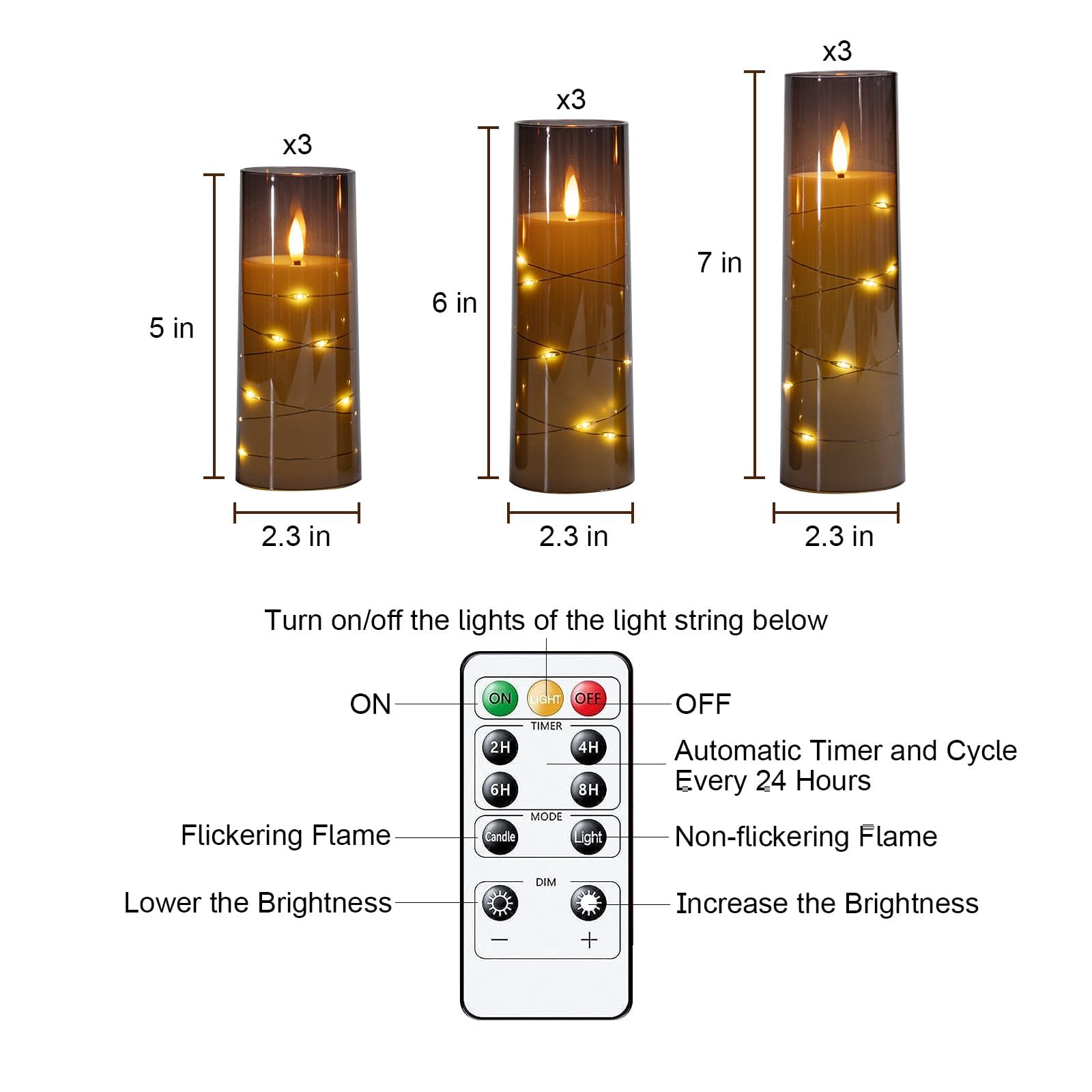 Homemory Flackernden Flammenlose Kerzen mit Lichterkette, Batteriebetriebene Kerzen mit Fernbedienung und Timer, Eingebettete Lichterkette LED-Kerzen, Acryl, Heimdekoration, Grau, 9er-Set | Fernbedienung,Timer, dimmbar, 500 Std. Betriebsdauer,Batteriebetr