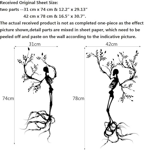 Miniatura 7 de BIBITIME Calcomanía de pared de vinilo para Halloween, diseño de árbol de calavera para pareja, diseño de esqueleto negro para sala de estar,
