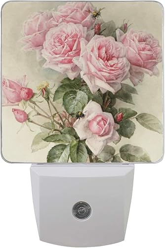Luz nocturna rosa floral enchufable LED lámpara de noche con sensor de luz baño inodoro dormitorio cocina pared decorativa luz blanca para niños