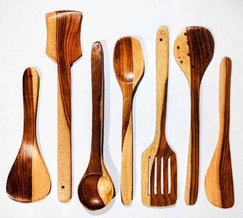 Flavoma Natural Sheesham Wood Spoon Set of 7 | Handmade Cooking Spoon Set | Wooden for Nonstick Cookware Kitchen Utensils | Kitchen Utensils, Frying Spoon Ladles & Turning Spatula (B0D141JQHP) Amazon Price History, Amazon Price Tracker