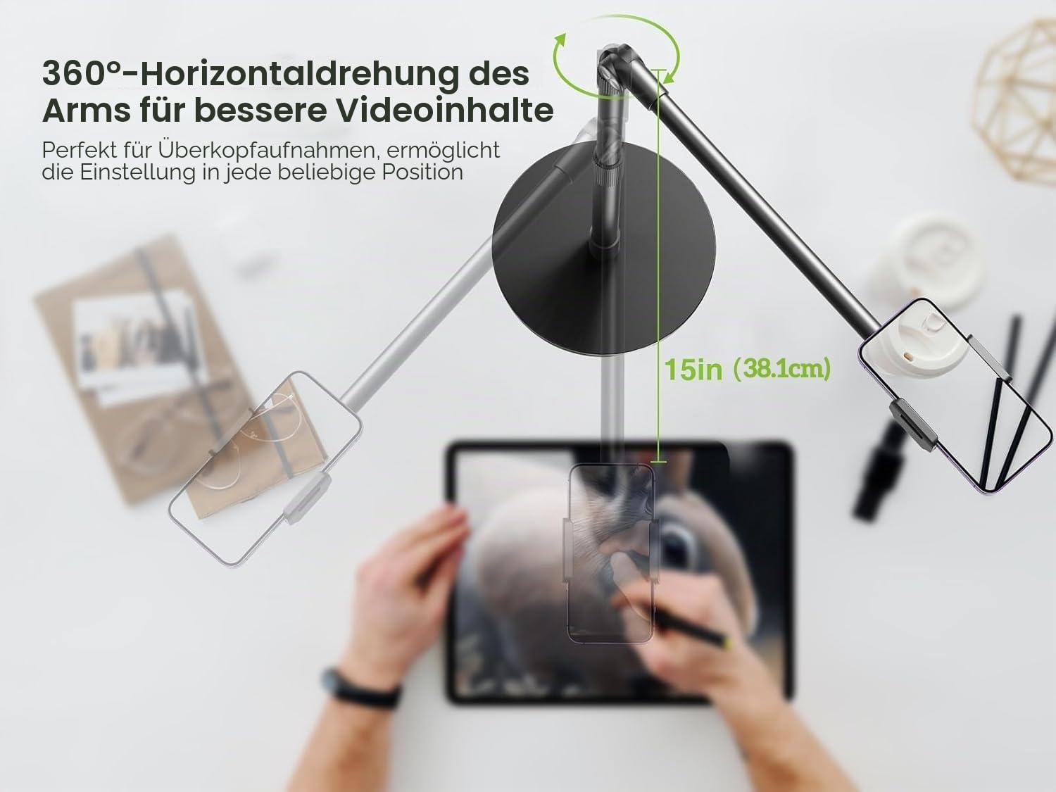 elitehood Handyhalterung Tisch zum Filmen mit Robuste Basis, Höhenverstellbar Overhead Stativ Handy Ständer zum Filmen, 38cm Langer Arm Handyhalterung Schreibtisch für iPhone 15 14 13, Android Handy
