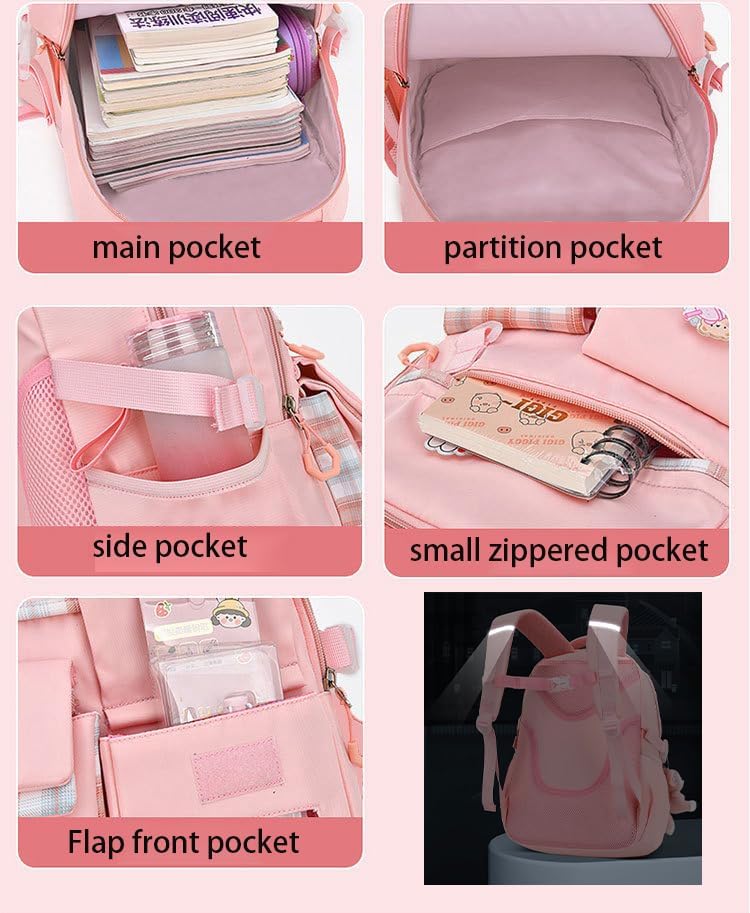 Girl Backpack for School Kids, Pink Cute Bookbag with Lunch Box Rainbow Elementary School Bag Pencil Case (Pink,3Pcs Set) - Image 4