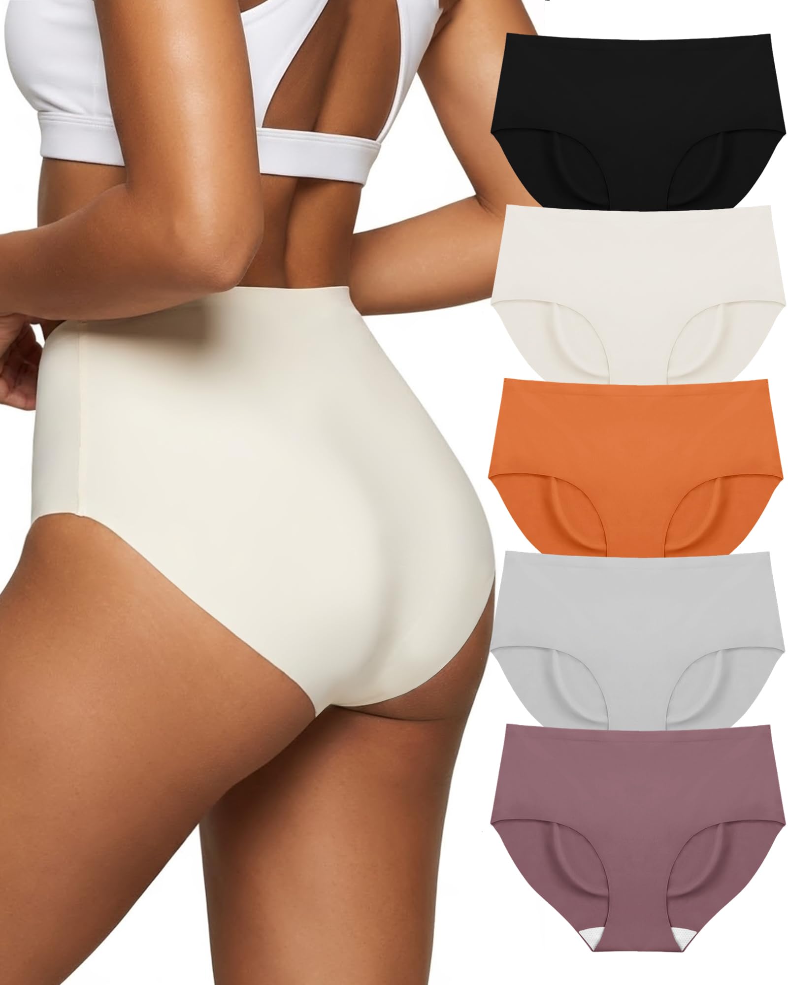 Womens Seamless High-Waisted Briefs No Show Underwear Tagless Moisture Wicking Full Coverage Ladies Panties 5 Pack