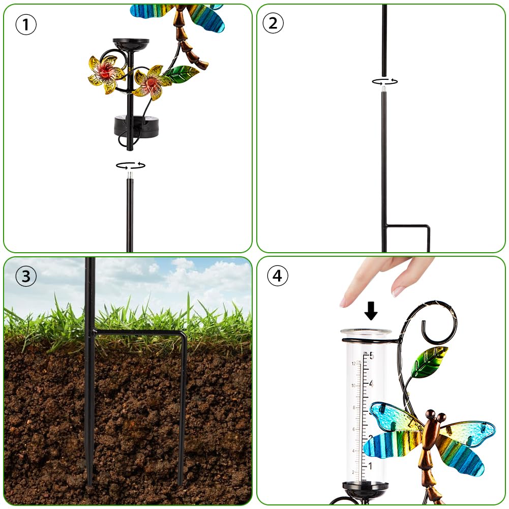 Stargarden Pluviometro per esterni, con libellula in metallo, tubo di vetro da 12,7 cm, pluviometro decorativo solare con luci a LED per cortili, prati, sentieri, patii