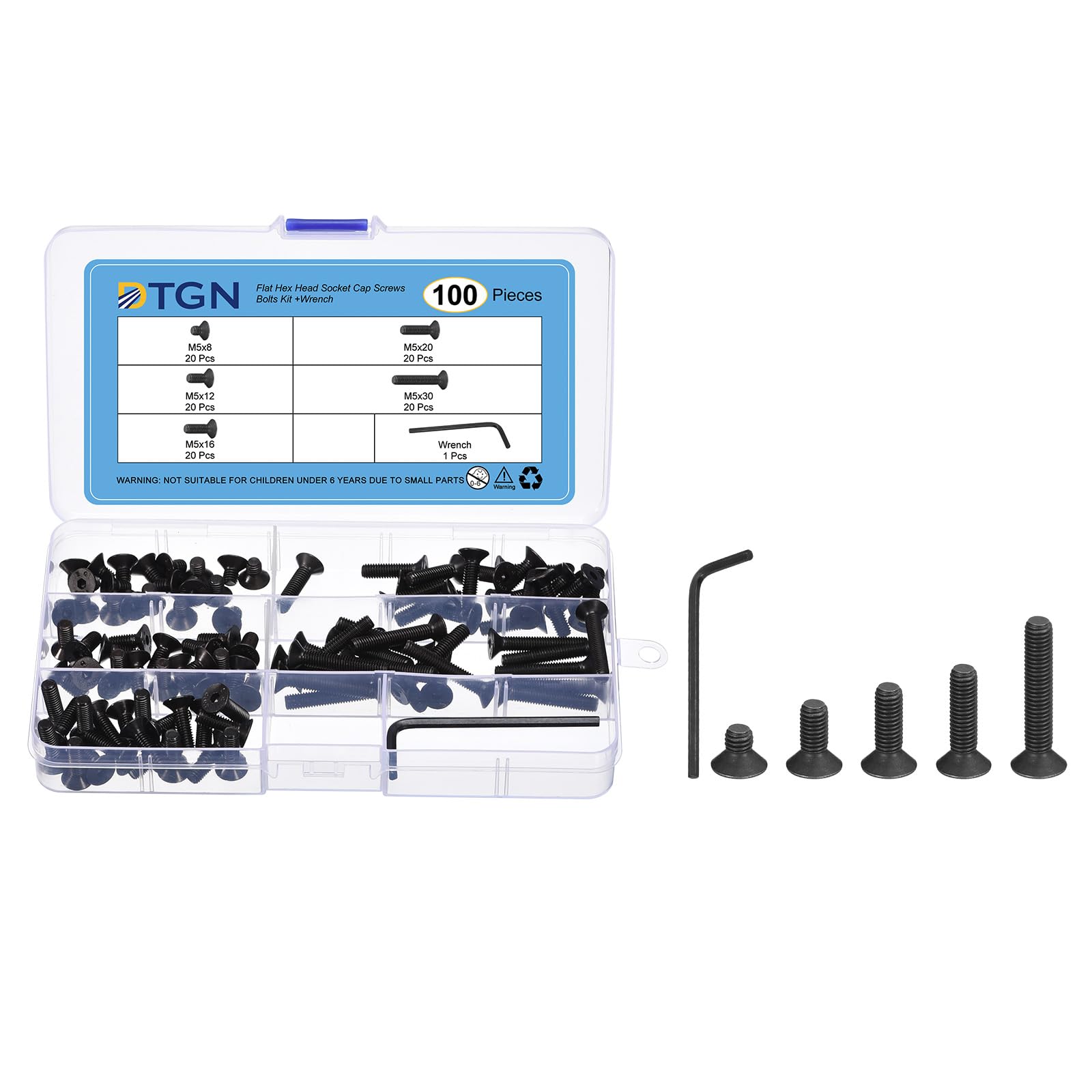 DTGN 100Pcs M5 x 8mm /12mm /16mm /20mm /30mm Flat Head Hex Socket Cap Screws Bolts Kit with Wrench, Carbon Steel Black Oxide