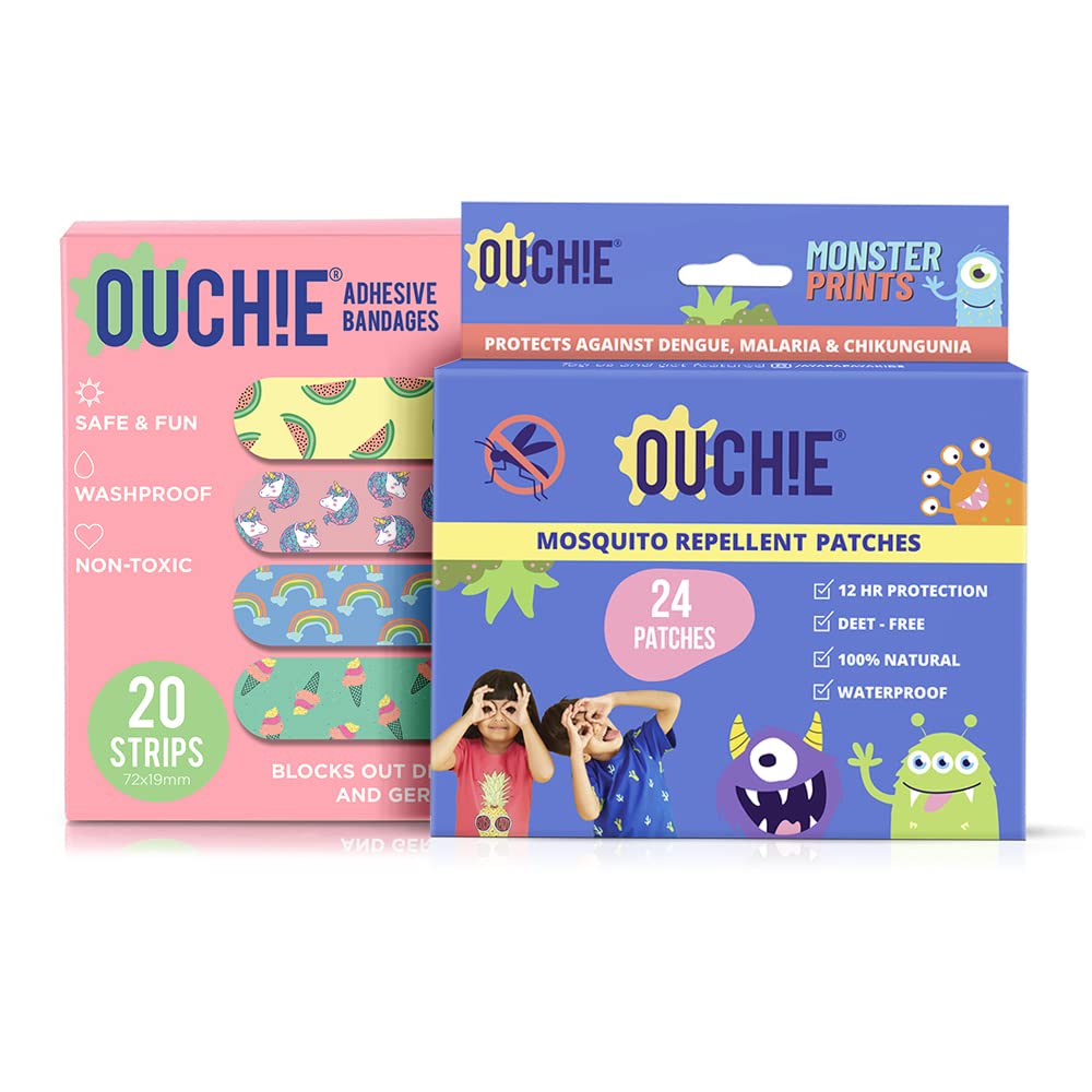 Aya Papaya Ouchie Monster Print Mosquito Repellent Patches (24 Patches) & Ouchie Non-Toxic Printed Bandages - Pink (20 Strips) Combo Pack-image-43