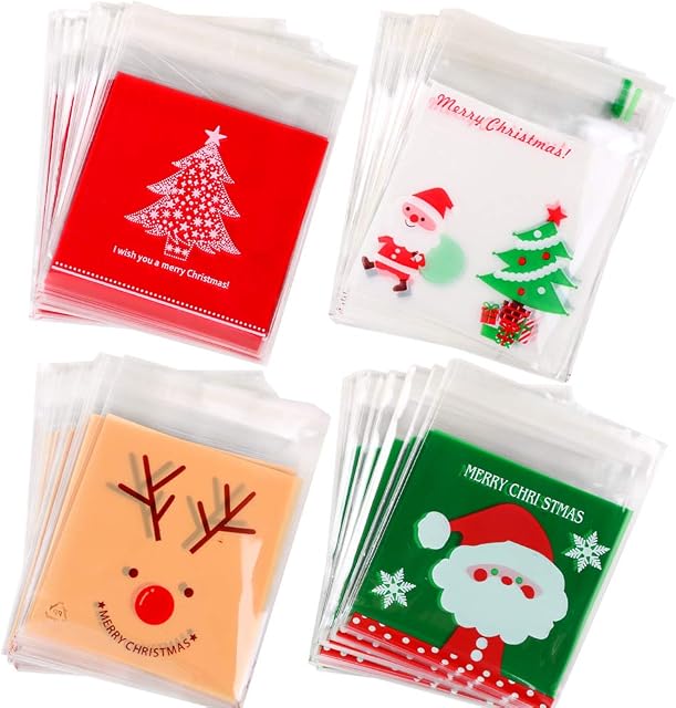 VINFUTUR 400pcs Christmas Cookie Treat Bags Candy Bags Self Adhesive Plastic Cookie Candy Package Cellophane Plastic Gift Bags for Christmas Party Favors Package Bags, 4 Styles ( A)