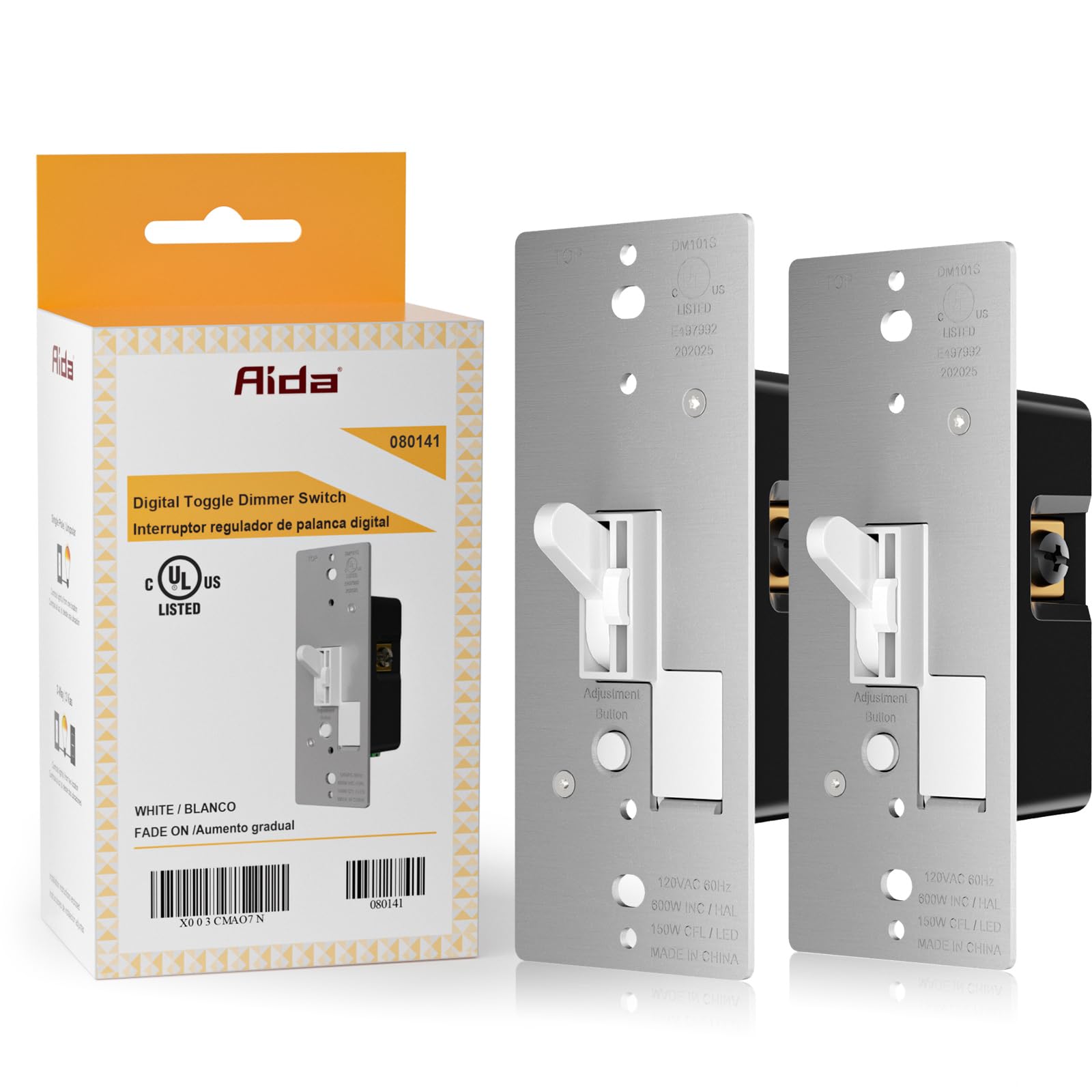 AIDA Toggle Slide Dimmer Switch for Dimmable LED Light/CFL/Incandescent 600 Watt max, Single-Pole or 3-Way, Rocker On/Off Wall Switch with Dimmer