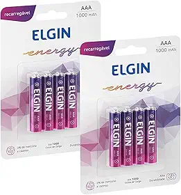 8 Pilhas Elgin AAA 1000mah Recarregável 2 Cartelas C/ 4 Unidades