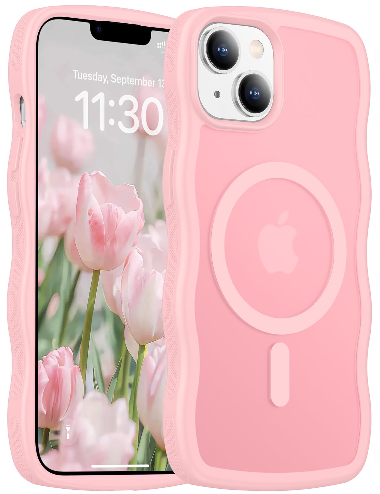 Renmou Magnetic for iPhone 13 Case & iPhone 14 Case, Cute Wave Non-Slip Translucent Matte Easier Grip Shockproof Phone Case for iPhone 13 and iPhone 14, Pink