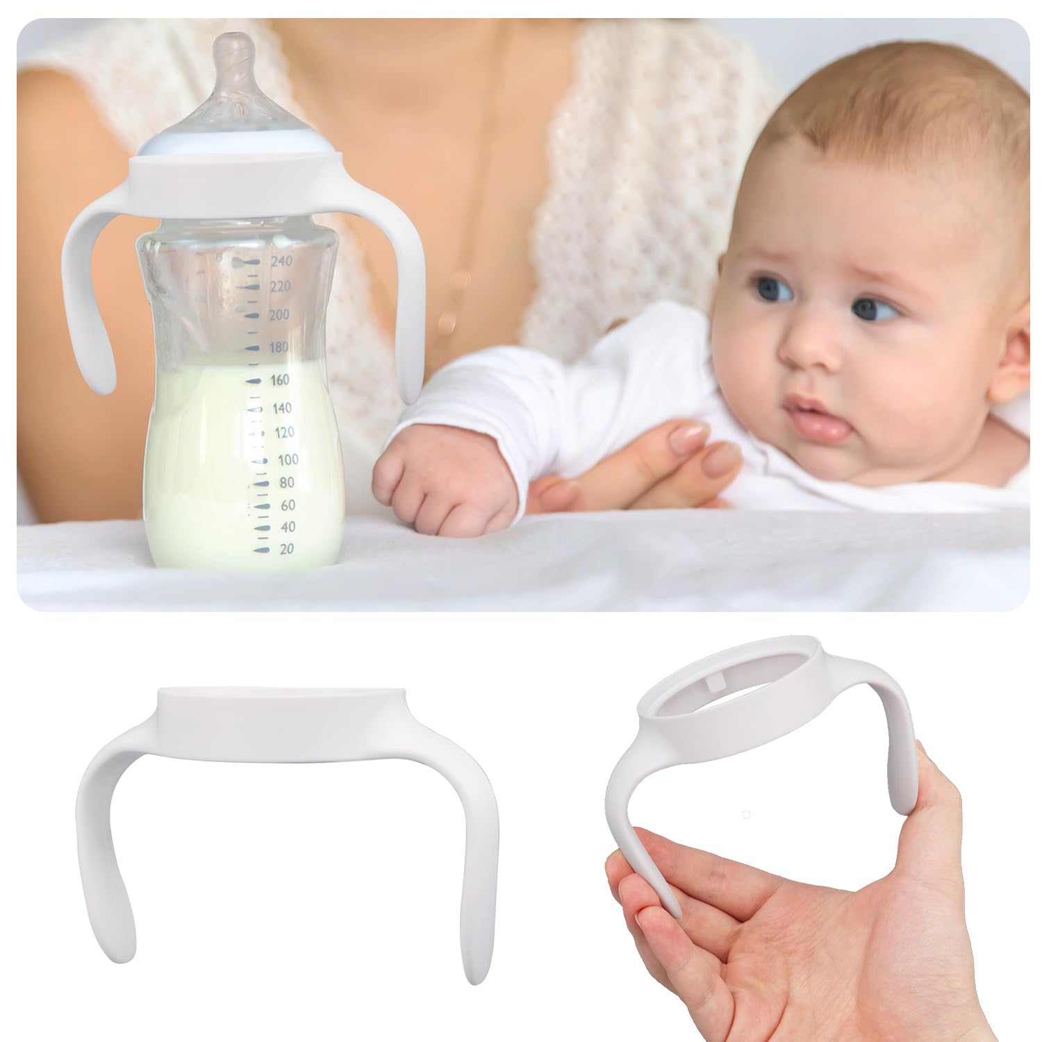 BOXOB 4pz Manici per Biberon per Mam, Supporti Ergonomici Biberon Impugnatura Facile Antiscivolo Ideale Supportare i Bambini nella Transizione al Bere in Modo Indipendente (Bianco)