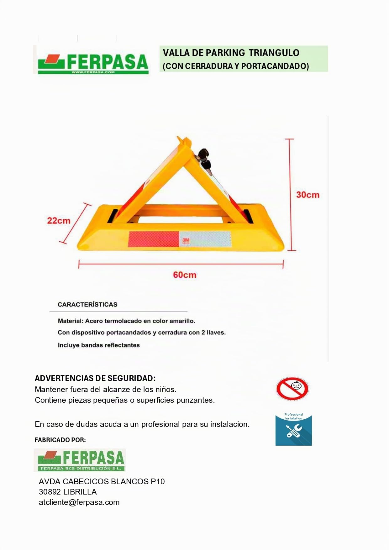 FERPASA - Barrière de parking triangulaire thermolaquée avec serrure, porte-cadenas et bandes réfléchissantes - Clôture de stationnement triangulaire