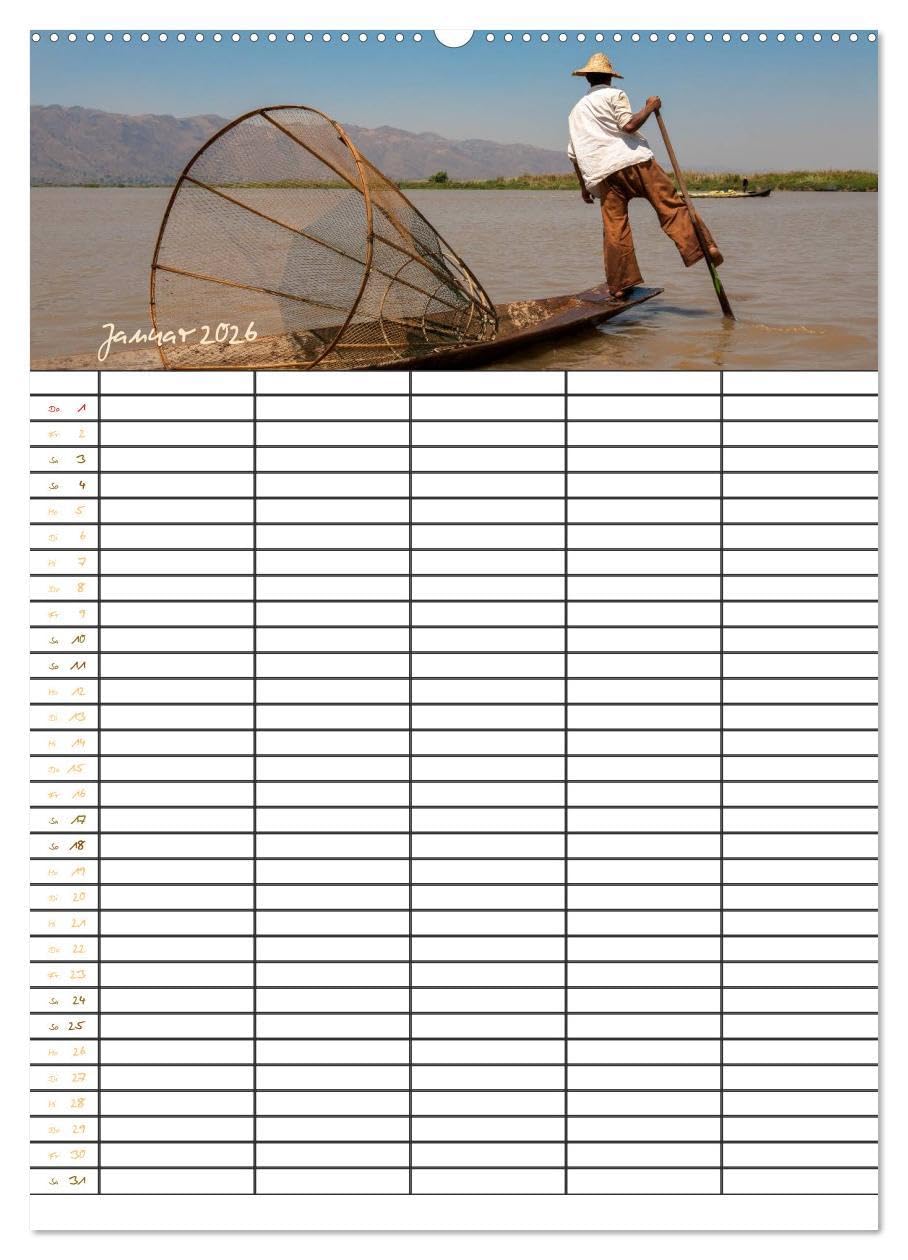 Goldenes Myanmar - Familienkalender 2026 (Wandkalender 2026 DIN A2 hoch), CALVENDO Monatskalender: Myanmar - das Land der Pagoden, Klöster, Mönche und ... 5 Spalten für Ihre Einträge. (CALVENDO Orte)