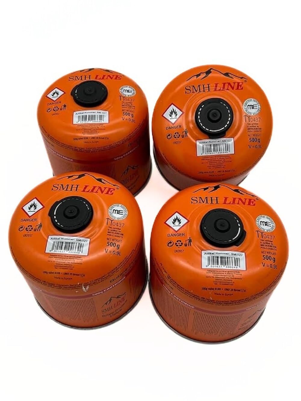 SMH LINE® 4x 500g Butan Schraubkartusche Universalgewinde 7/16 Gaskartuschen Ventilkartusche EN 417 Gewinde Ventil Bunsenbrenner Propan Mix Campingkocher Gaskocher Gasheizung Lötbrenner Orange