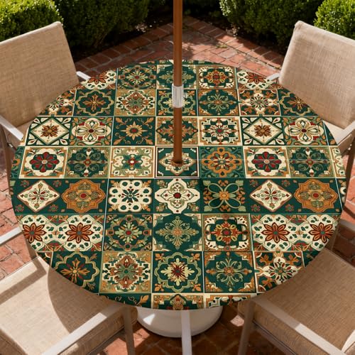 ARTSGOO Outdoor Tablecloth with Umbrella Hole and Zipper Waterproof Round Fitted Tablecloth with Elastic Edge, Wipeable Outdoor Table Cover for Patio, Garden, Picnic Fits 53-60" Round Tables by ARTSGOO - Used condition - US$16.96