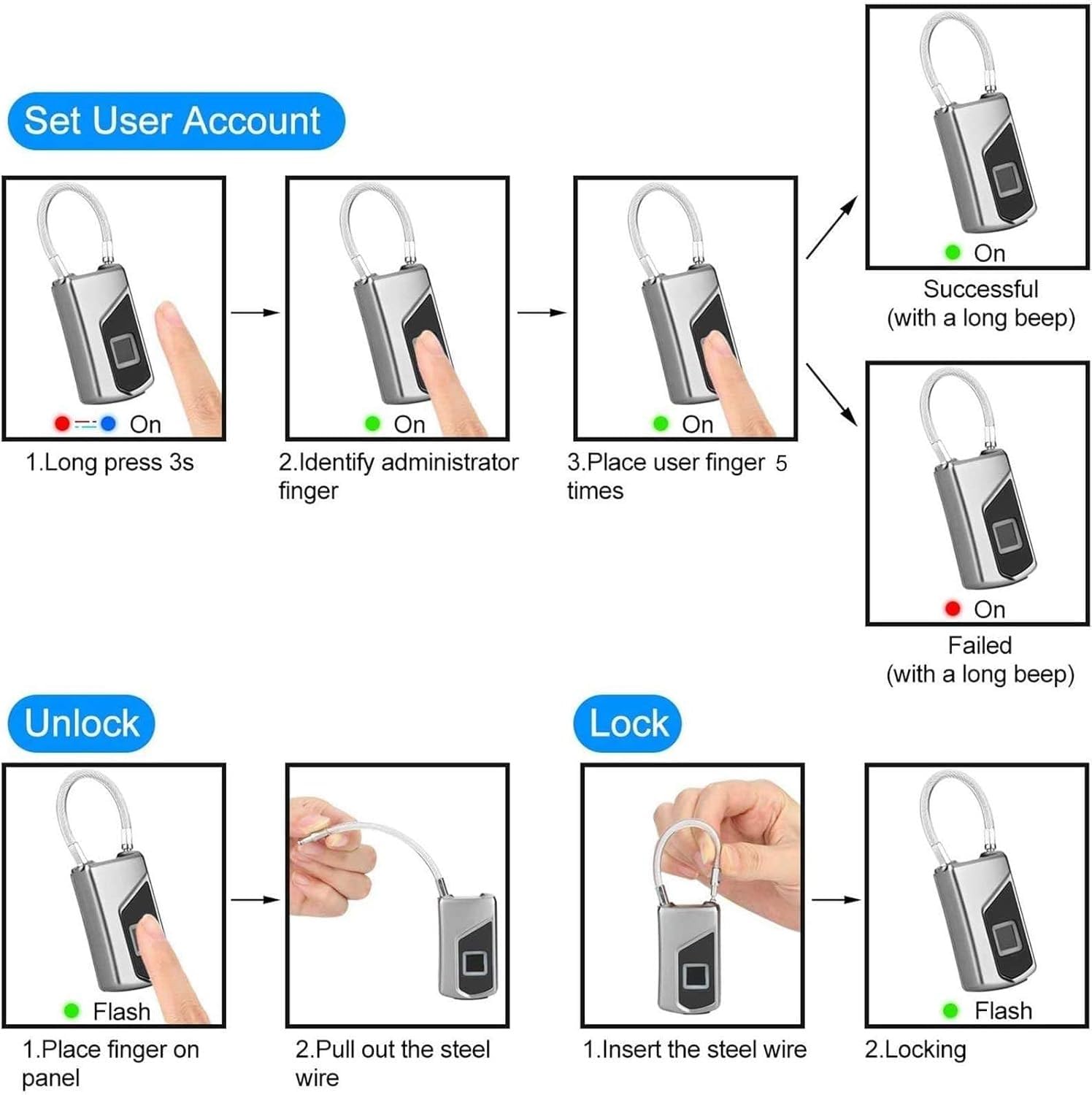 Candado sin llave con huella dactilar, Candado de huella digital Llave de reconocimiento de 360° Copia de seguridad USB recargable 32x90x17 mm