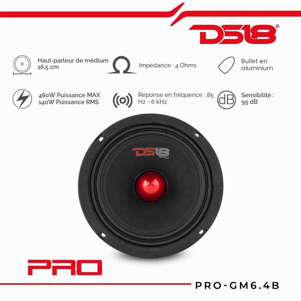 DS18 Pro-GM6.4B - 6,5", Midrange, Bullet en Aluminium Rouge, 480W Max, 4 Ohms, 1,5" Kapton Voice Coil Audio de qualité supérieure pour système de Son stéréo de Voiture (1 Haut-Parleur)