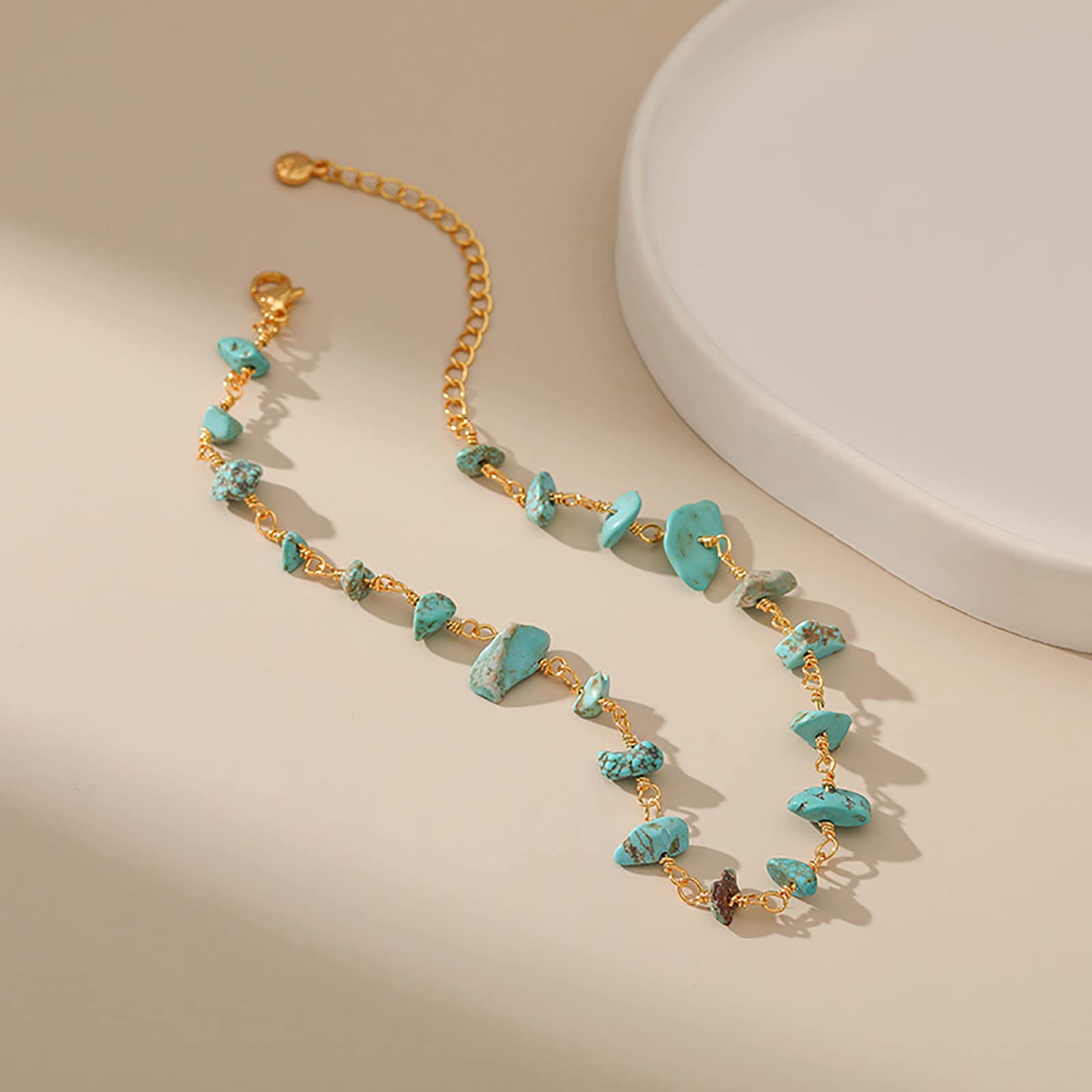 Turquoise Anklets for Women 18 Gold Plated Dainty Turquoise Gold Ankle Bracelets for Women, Adjustable, Handmade Anklets 3