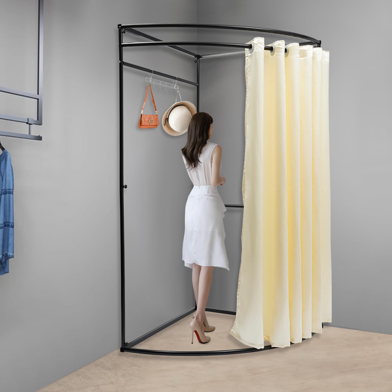 Tapischion Portable Fitting Room, Simple Clothing Store Changing Room Privacy Protection Dressing Room with Hooks, 3.28 * 3.28 * 6.56ft, Fan-Shaped, Space Saving (Beige)