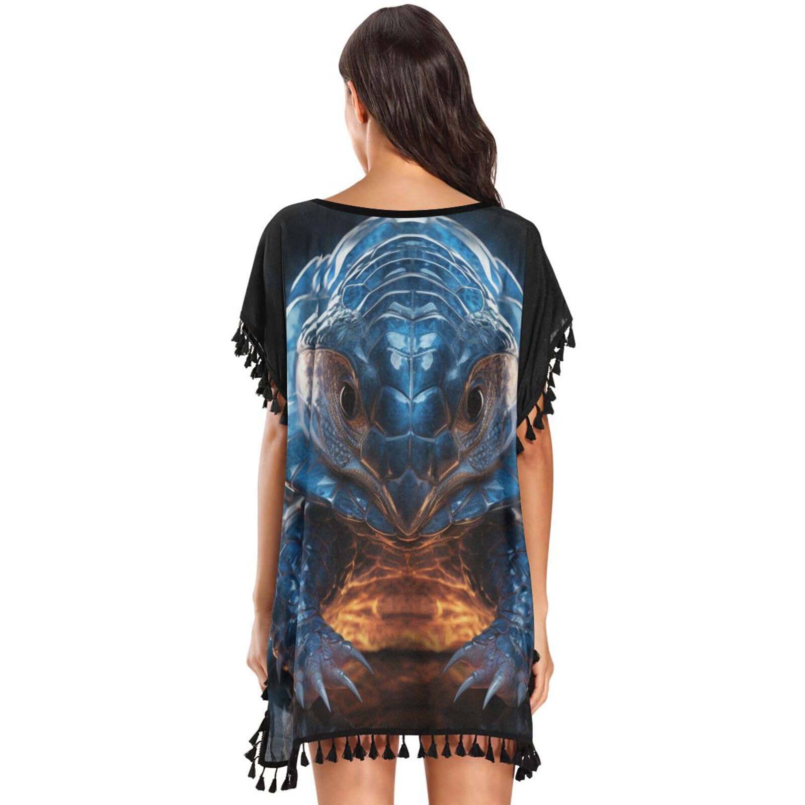 KAAVIYO Cool Blue Ocean Armadillo Women's Beach Cover Up Chiffon Tassel Swimwear Swimsuit Coverups for Girl