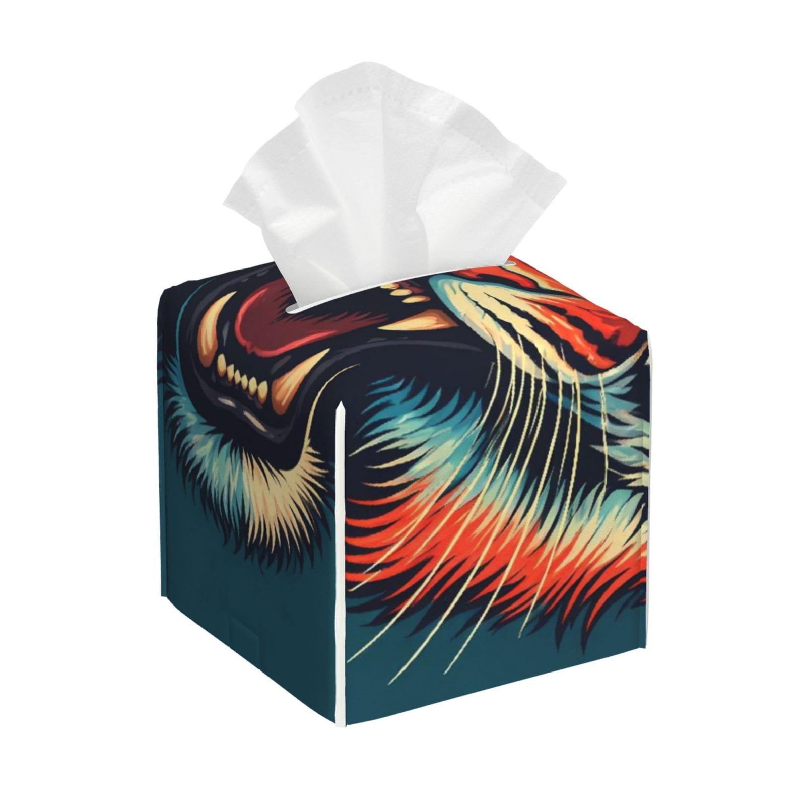 Big Red Tiger Body Leather Tissue Box Cover Holder Square Facial Paper Organizer 5.2" X 5.2" X 5.2"