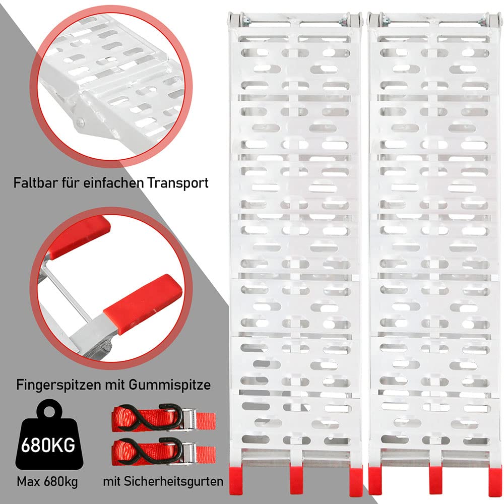 Herrselsam Lot de 2 rampes de chargement pliables en aluminium, rampe de chargement antidérapante, 226 x 30,5 x 5,5 cm, max 680 kg, rampe de chargement pour voiture, moto, remorque, tondeuse à gazon