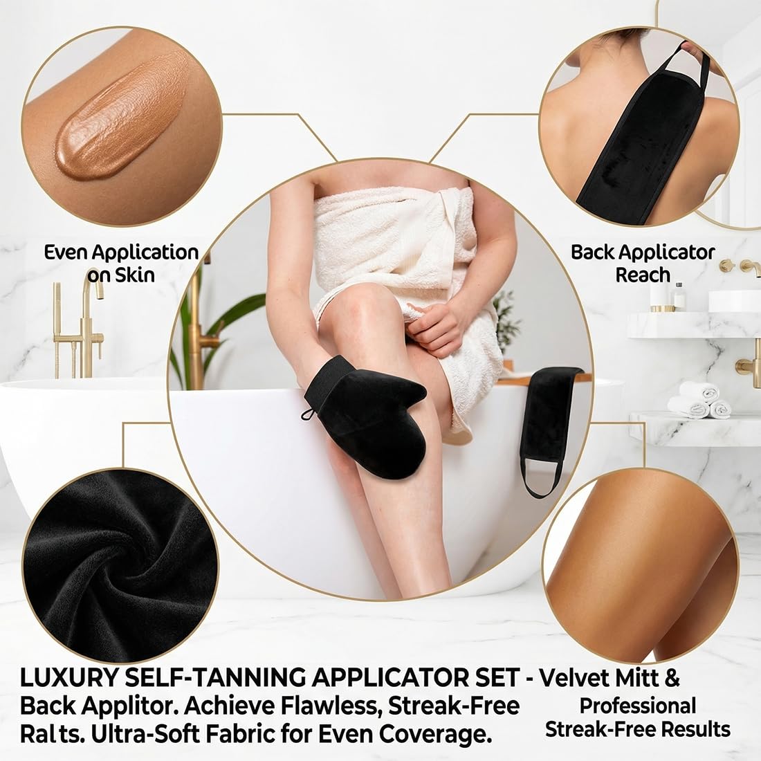 Set 2 Pezzi: Guanti Autoabbronzanti, Applicatore per Schiena, Applicatore Viso, Guanti Esfolianti, Guanti per Crema Solare (Nero)