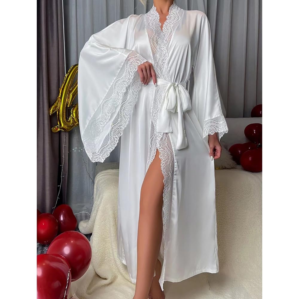 Peignoir Kimono pour Femme Robe de Chambre en Satin à Manches Longues Peignoir de Bain pour Demoiselle D'Honneur Avec Bordure en Ddentelle Vêtement de Nuit Élégant et Léger Idéal pour Un Mariage