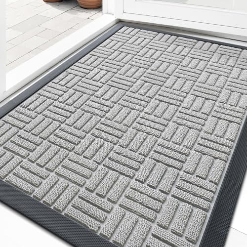 Image of OLANLY Front Door Mat Outside Entrance 29.5x17, Absorbent, Heavy Duty Sturdy Natural Rubber Doormat Indoor Outdoor, Non-Slip, Stain and Fade Resistant, Low Profile Floor Mat for Entryway, Light Gray