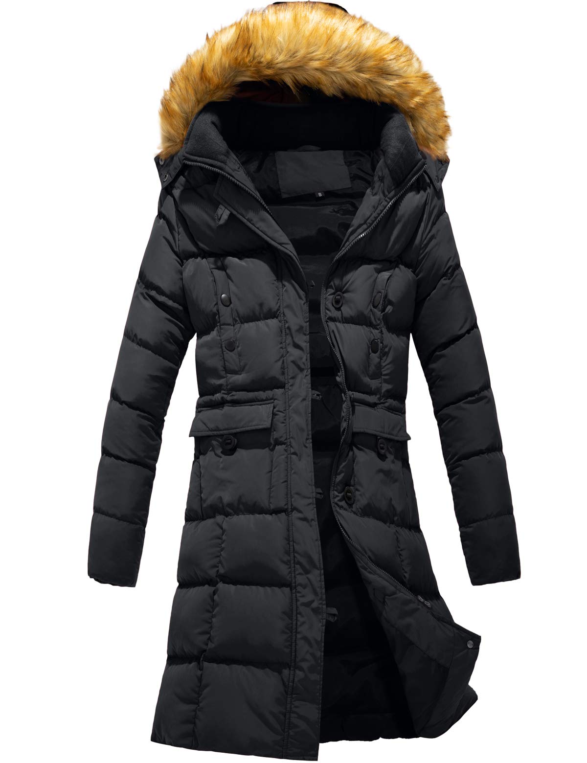 Szory Women's Winter Down Puffer Mid Length Pocket Coat with Removable Fur Hood