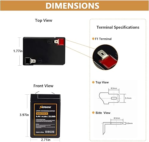 Miniatura 2 de NERMAK Batería de litio LiFePO4 de 6 V 4.5 Ah, batería recargable de fosfato de hierro y litio de más de 2000 ciclos para luz de emergencia,