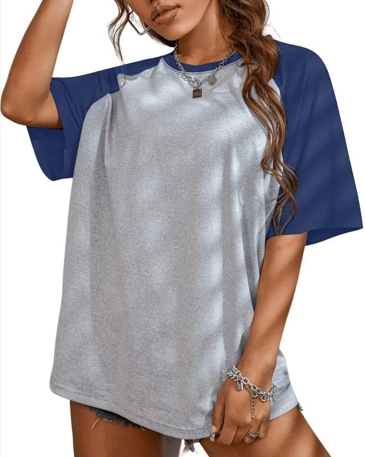 Remidoo Womens Short Sleeve Oversized T Shirt Color Block Crew Neck Casual Tee Tops