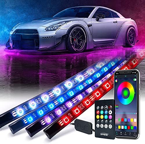 Xprite 4Pcs Car Underglow Neon Accent Strip Lights RGB 8 Color 252 LEDs Sound Music Function with APP & Remote Control Underbody Light Strips for Car SUV Truck w/6FT Extension Wire, 2 Years Warranty